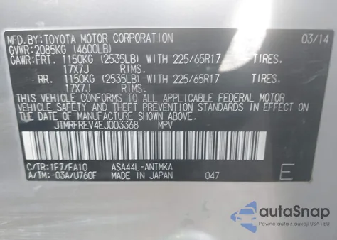 2014 Toyota Rav4 Xle from USA, damaged, VIN JTMRFREV4EJ003368